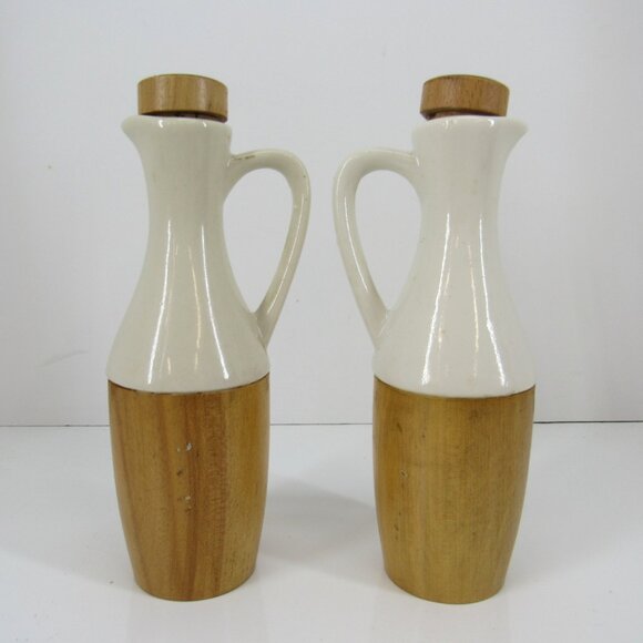 Oil and Vinegar Cruet Set Wood & Hand Painted Flowers with Cork Stoppers - Picture 4 of 6